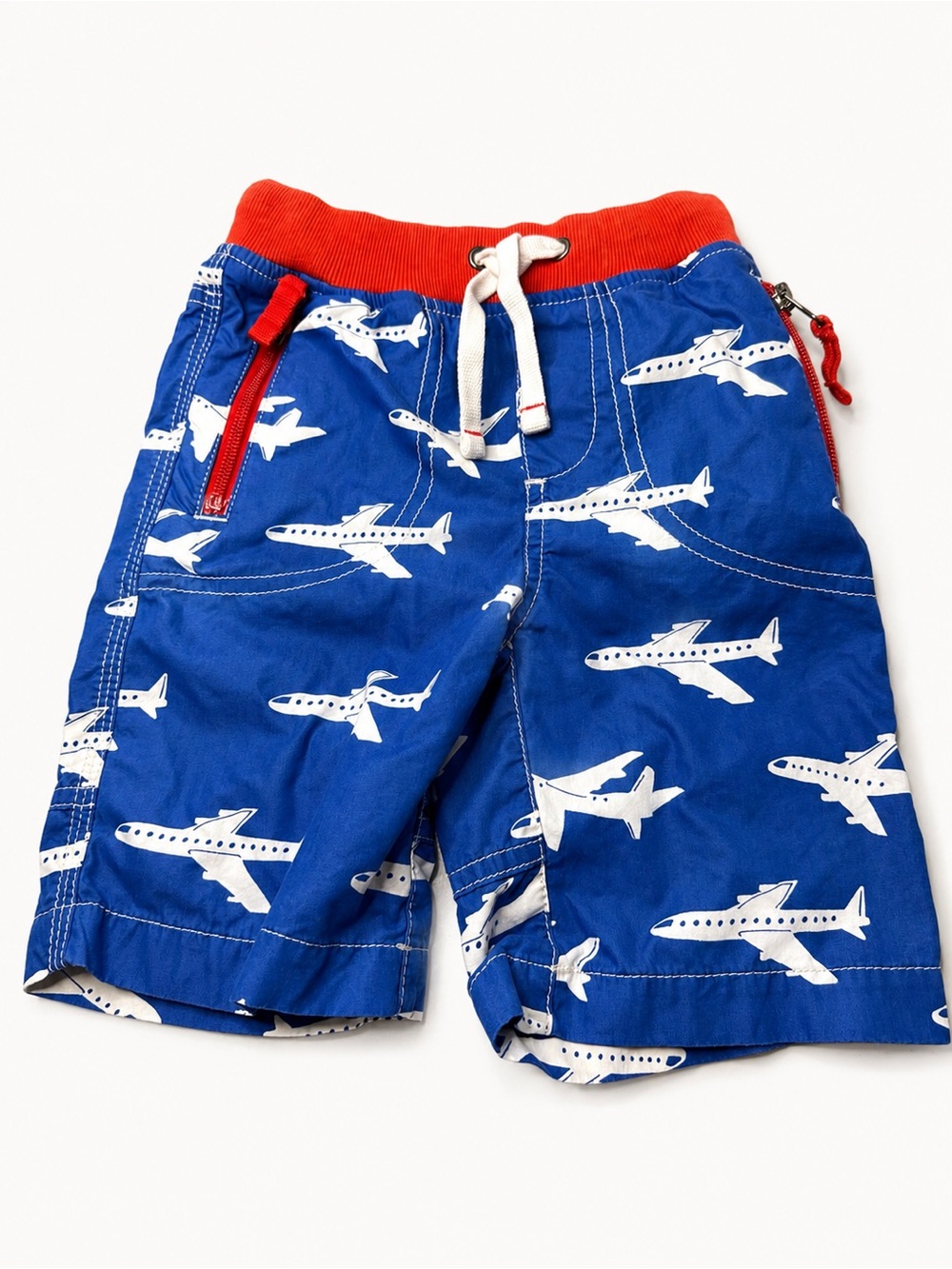 Mini Boden Kids Blue Airplane Print Shorts with Red Waistband